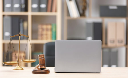 Judge's gavel, scales and laptop on wooden table in office