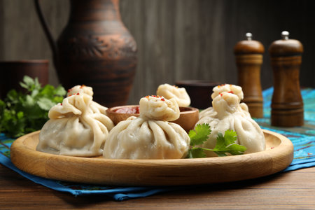 Delicious khinkali served with sauce on wooden table, closeupの写真素材