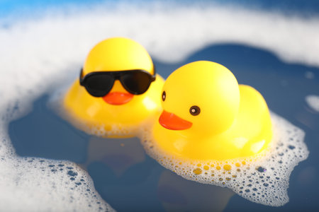 Cute rubber ducks floating in water with foam, closeup