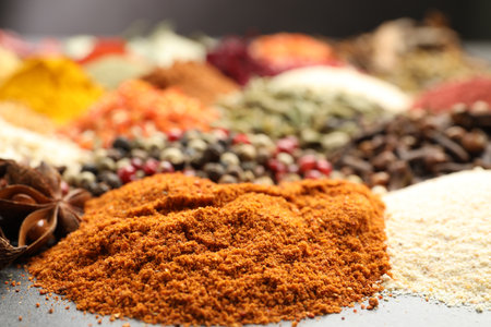 Different aromatic spices on grey table, closeupの写真素材