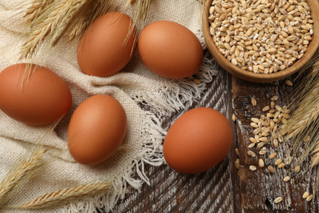 Raw eggs, fabric and spikes of wheat on wooden table, flat layの写真素材