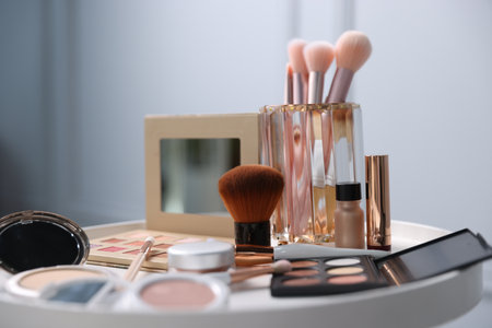 Different makeup products on white table indoors, closeupの写真素材