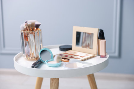 Different makeup products on white table indoors, closeupの写真素材