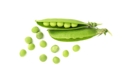 Fresh green peas in pods isolated on white, top viewの写真素材