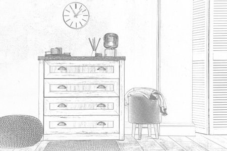 Graphic sketch of room interior with furniture on white background