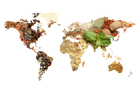World map made of different aromatic spices on white backgroundの写真素材