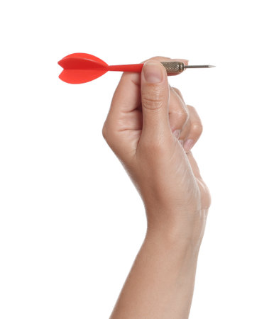 Targeting. Woman with dart on white background, closeupの写真素材