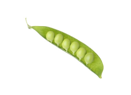 Fresh green peas in pod isolated on whiteの写真素材