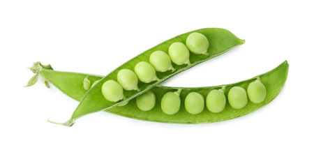 Fresh green peas in pods isolated on white, top viewの写真素材