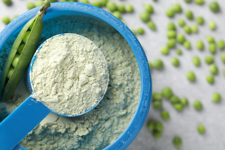 Protein powder and fresh green peas on light gray table, flat layの写真素材