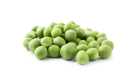 Pile of fresh green peas isolated on whiteの写真素材