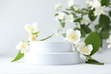 Beautiful jasmine flowers with leaves on light backgroundの写真素材