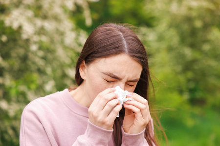 Woman with paper tissue suffering from seasonal pollen allergy near blossoming shrub on spring dayの写真素材