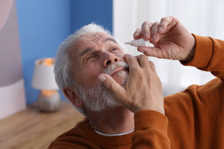 Senior man applying eye drops at homeの写真素材