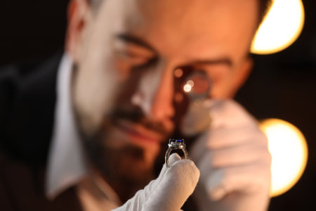 Appraiser with loupe evaluating luxury ring indoors, selective focusの写真素材