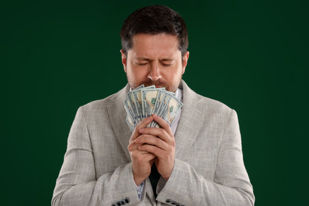 Greedy banker with dollar banknotes on green backgroundの写真素材