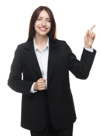 Happy woman in suit on white backgroundの写真素材