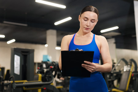 Professional personal trainer with clipboard in gym. Space for textの写真素材