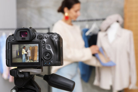 Professional stylist filming video on camera indoors, selective focusの写真素材