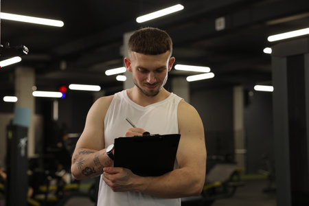 Personal trainer with clipboard in sport centerの写真素材