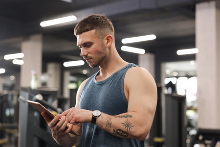 Personal trainer with tablet in sport centerの写真素材