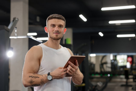 Personal trainer with tablet in sport center. Space for textの写真素材