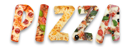 Word Pizza made of letters with different pizzas inside on white background. Banner designの写真素材