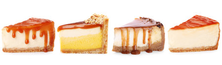 Different tasty cheesecakes isolated on white, setの写真素材