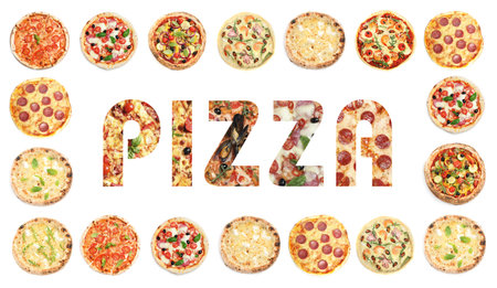 Different delicious pizzas and word on white backgroundの写真素材