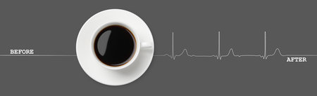 Cup of coffee and heartbeat line on grey background, top view. Calm pulse becoming active. Invigorating properties of caffeine, healthcareの写真素材