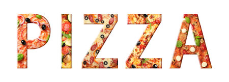 Word Pizza made of letters with different pizzas inside on white background. Banner designの写真素材