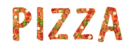 Word Pizza made of letters with pizza inside on white background. Banner designの写真素材