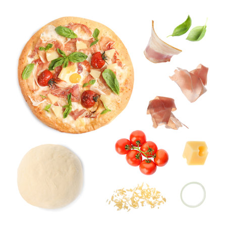 Pita pizza and raw ingredients isolated on white, collageの写真素材