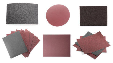 Different types of sandpaper on white background, collageの写真素材