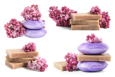 Soap bars and aromatic lilac flowers isolated on white, collageの写真素材