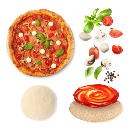Delicious pizza and raw ingredients isolated on white, collageの写真素材