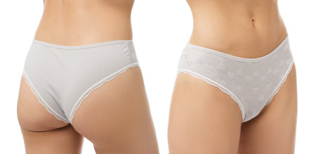 Woman in underwear on white background, closeup. Front and back view, collageの写真素材