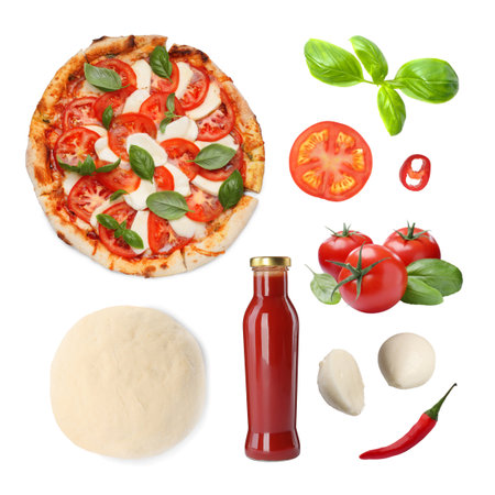Delicious Caprese pizza and raw ingredients isolated on white, collageの写真素材