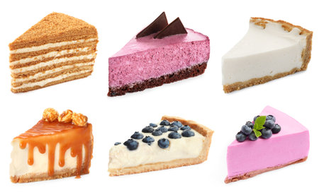 Different tasty cakes isolated on white, setの写真素材