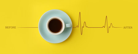 Cup of coffee and heartbeat line on yellow background, top view. Calm pulse becoming active. Invigorating properties of caffeine, healthcareの写真素材