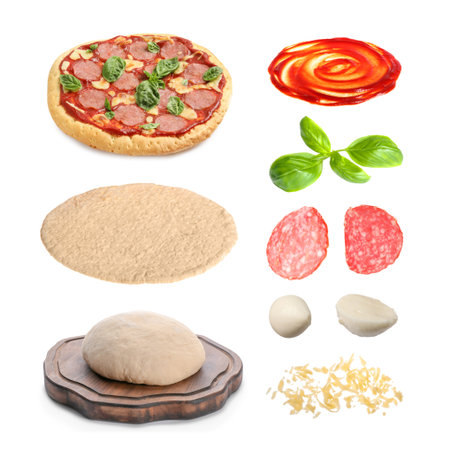 Pita pizza and raw ingredients isolated on white, collageの写真素材