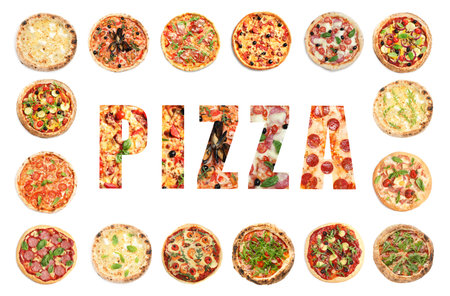 Different delicious pizzas and word on white backgroundの写真素材