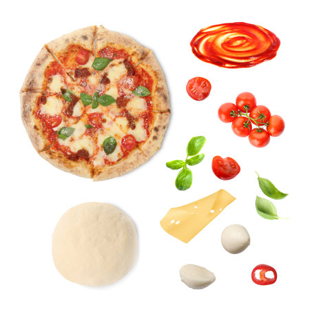 Delicious Margherita pizza and raw ingredients isolated on white, collageの写真素材