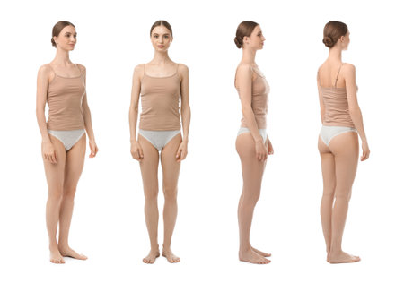 Young woman in underwear on white background, collage. View from different sidesの写真素材