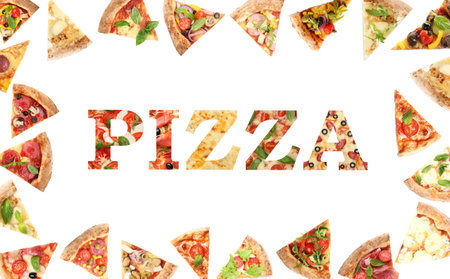 Pieces of different delicious pizzas and word on white backgroundの写真素材