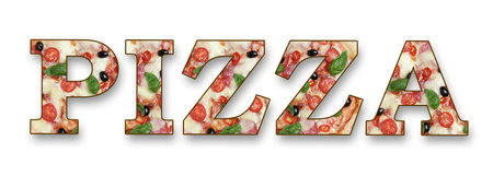 Word Pizza made of letters with pizza inside on white background. Banner designの写真素材
