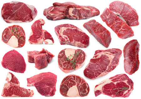 Pieces of raw beef meat isolated on white, collageの写真素材