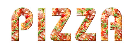 Word Pizza made of letters with pizza inside on white background. Banner designの写真素材