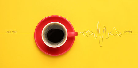 Cup of coffee and heartbeat line on yellow background, top view. Calm pulse becoming active. Invigorating properties of caffeine, healthcareの写真素材