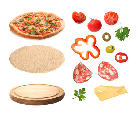 Delicious hot pizza and raw ingredients and board isolated on white, collageの写真素材